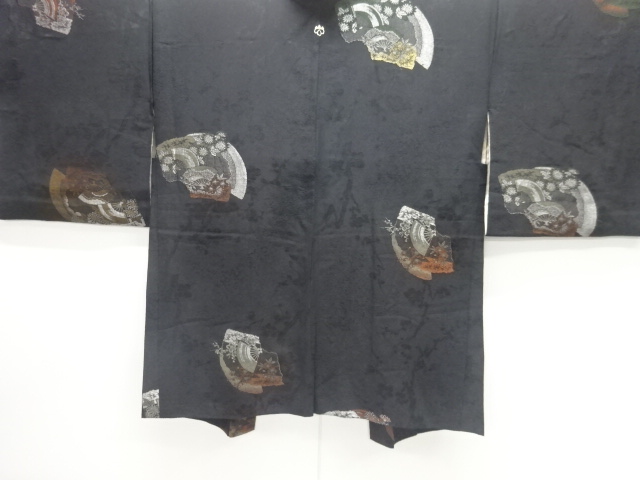 大正ロマン　地紙に扇・花模様織り出し漆一つ紋羽織